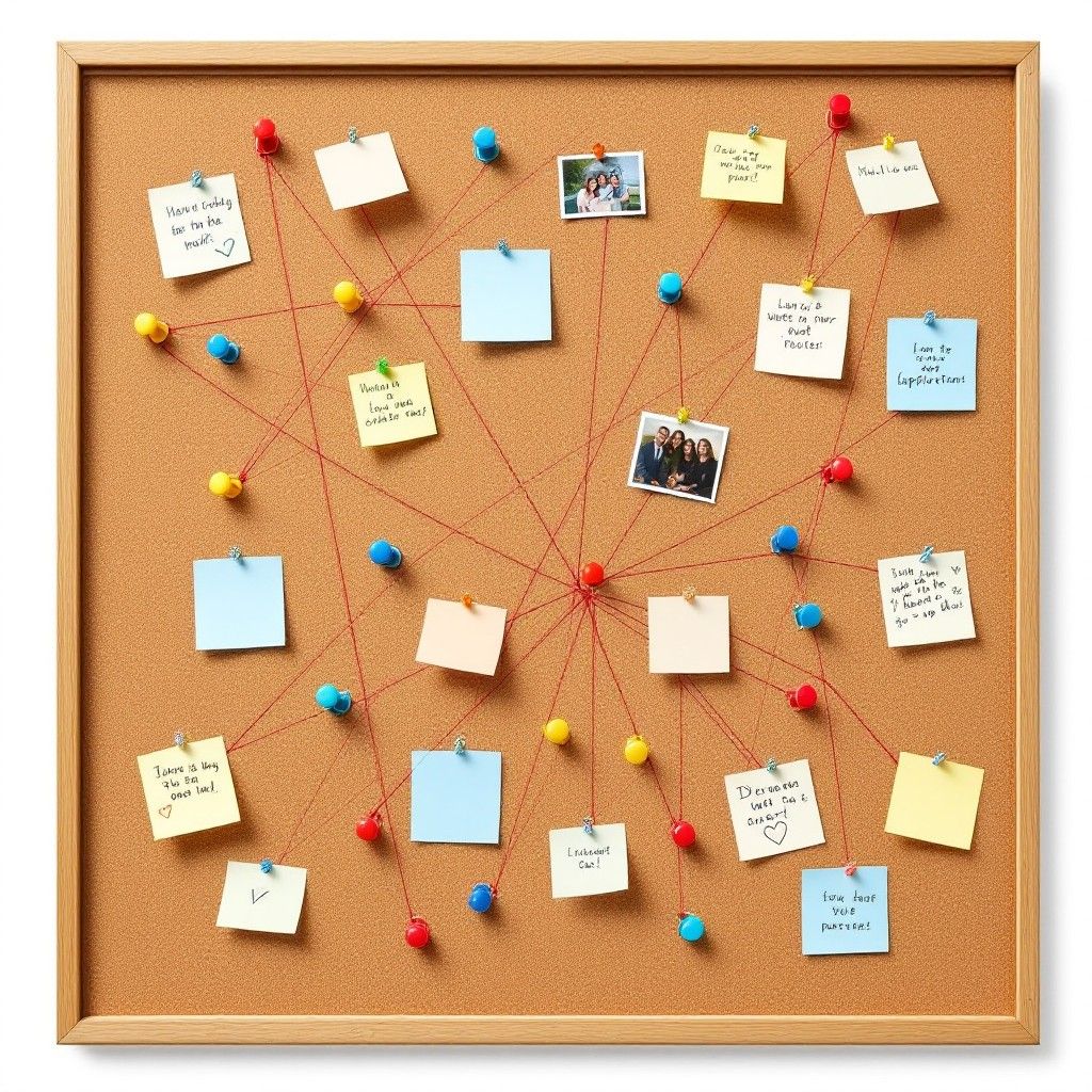 Bulletin board with colorful sticky notes and red string connections, symbolizing the process of reevaluating and restructuring plans during burnout.