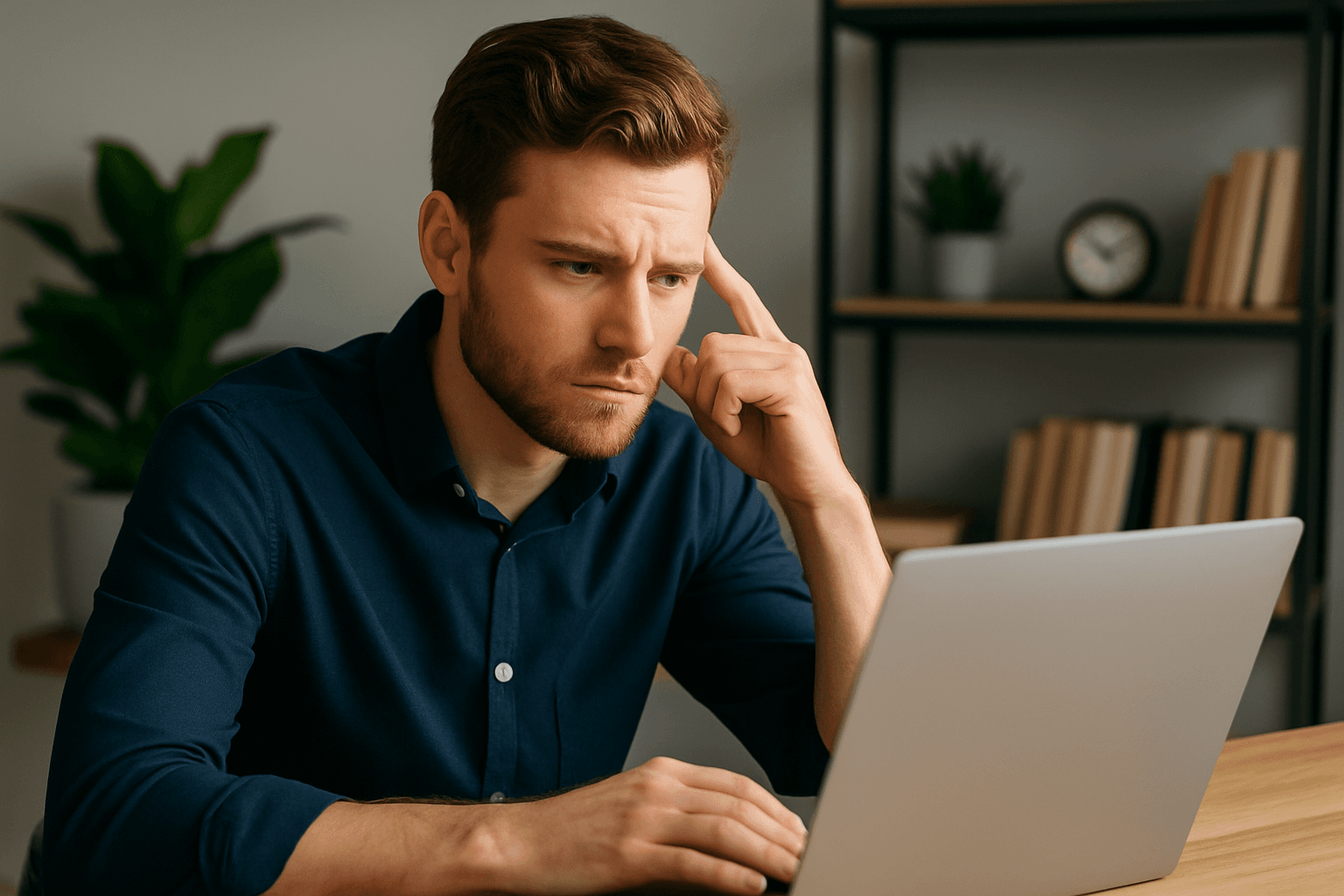 A business owner sitting at a desk, staring at a laptop screen with a thoughtful, confused expression, trying to decide which eCommerce platform to choose.
