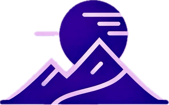 Stylized purple mountain landscape with a circular sun and striped accents.
