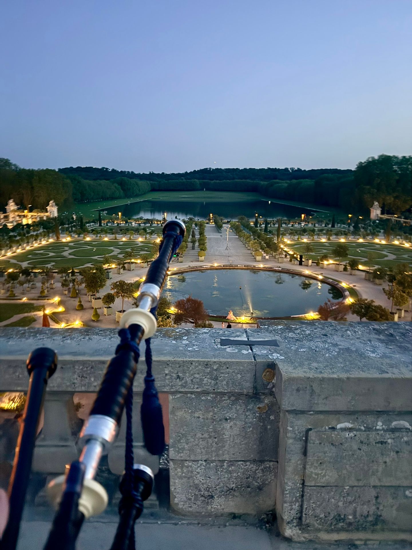 Scottish bagpipes overlooking the gardens of Château de Versailles during the Royal Ball event in France