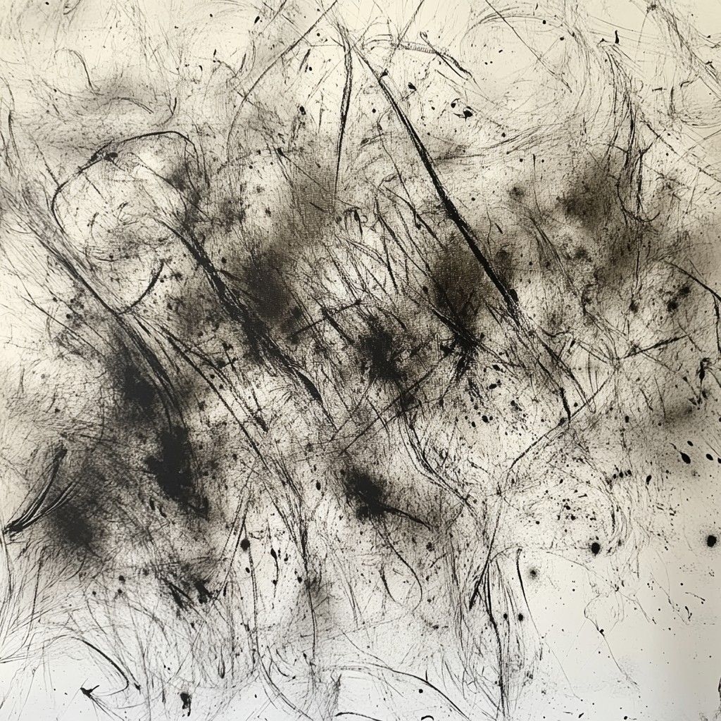 Abstract black ink splatters on white canvas, representing chaotic creativity and the unpredictable energy of someone with undiagnosed ADHD navigating side hustles.
