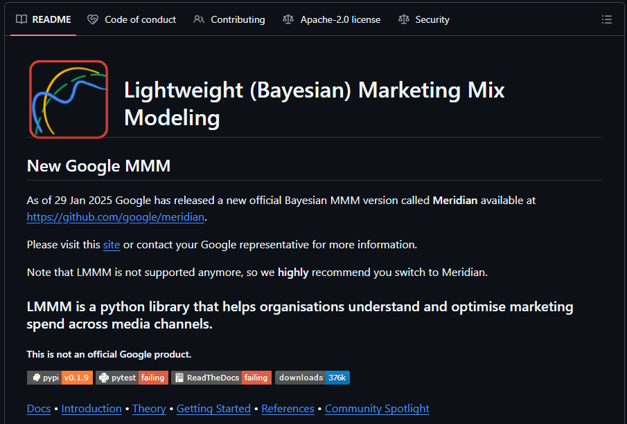 While Google Lightweight MMM gained popularity as a free open-source framework for marketing mix modeling, it has recently been replaced by Google Meridian. This upgraded Google open-source MMM tool offers enhanced features, better scalability, and improved accuracy for marketers and data scientists exploring media effectiveness While Google Lightweight MMM gained popularity as a free open-source framework for marketing mix modeling, it has recently been replaced by Google Meridian. This upgraded Google open-source MMM tool offers enhanced features, better scalability, and improved accuracy for marketers and data scientists exploring media effectiveness