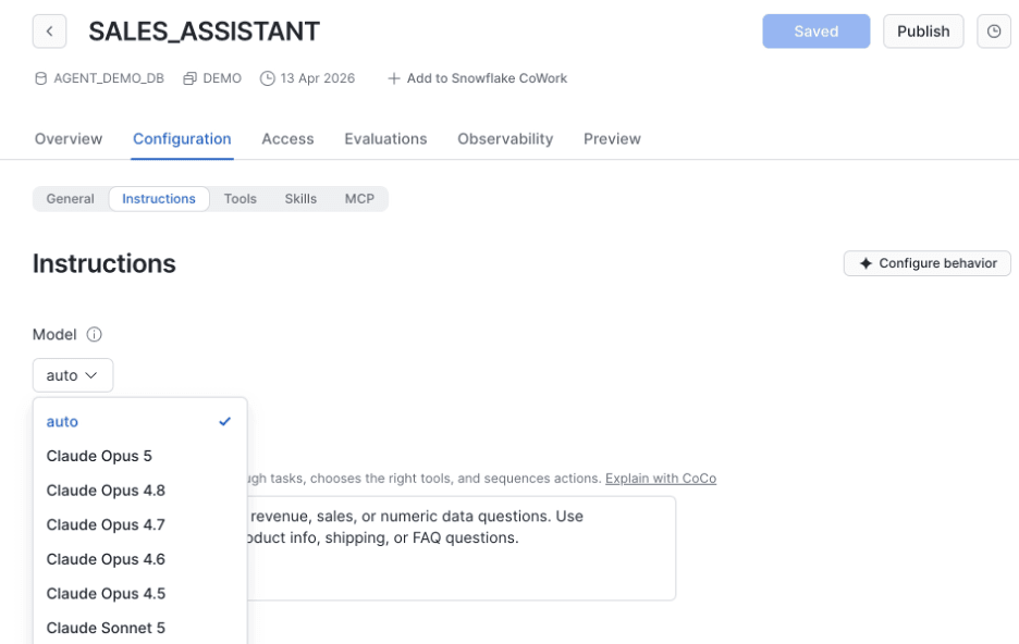 Model selection dropdown in the Cortex Agent Configuration setting