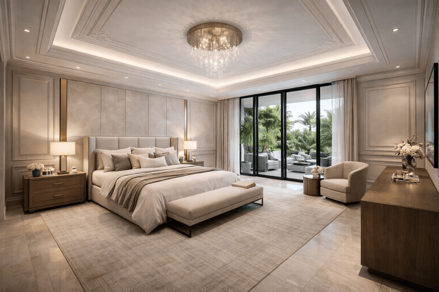 Modern living room with stylish furniture and open sliding doors Modern living room with stylish furniture and open sliding doors