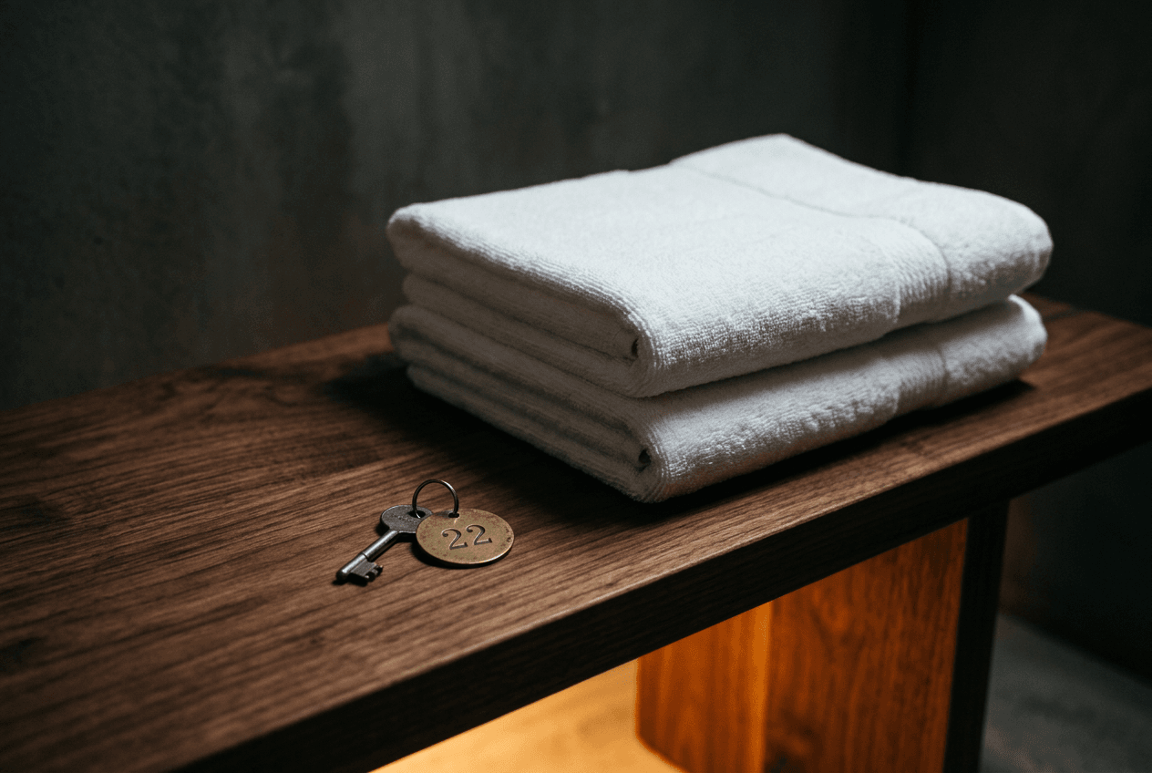 two white towels neatly folded on a dark wooden bench, a single locker key on numbered metal tag resting beside them
