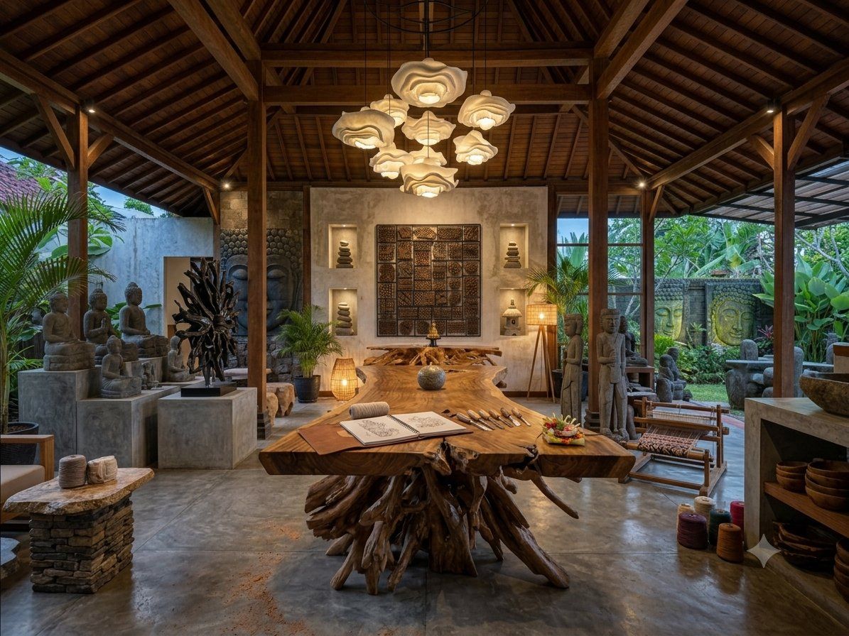 Bali furniture showroom with a live-edge dining table built on a whole root base, under a cluster of sculptural pendant lights, flanked by carved stone Buddha statues and a hand-carved wood wall panel. Bali furniture showroom with a live-edge dining table built on a whole root base, under a cluster of sculptural pendant lights, flanked by carved stone Buddha statues and a hand-carved wood wall panel.