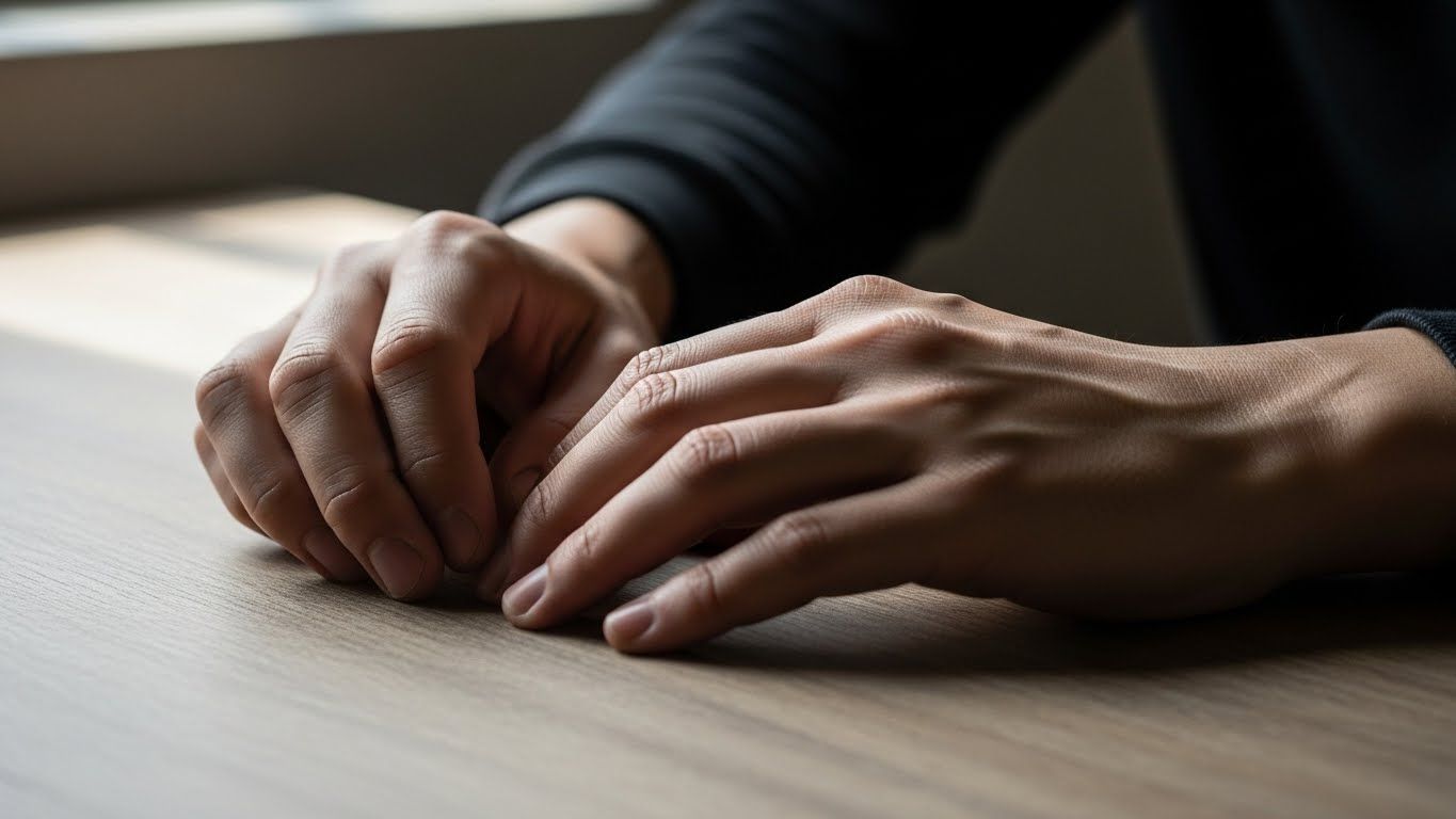 Mãos apoiadas sobre uma mesa de madeira, com postura relaxada e cansada, simbolizando exaustão mental, pausa e contato com os próprios limites.