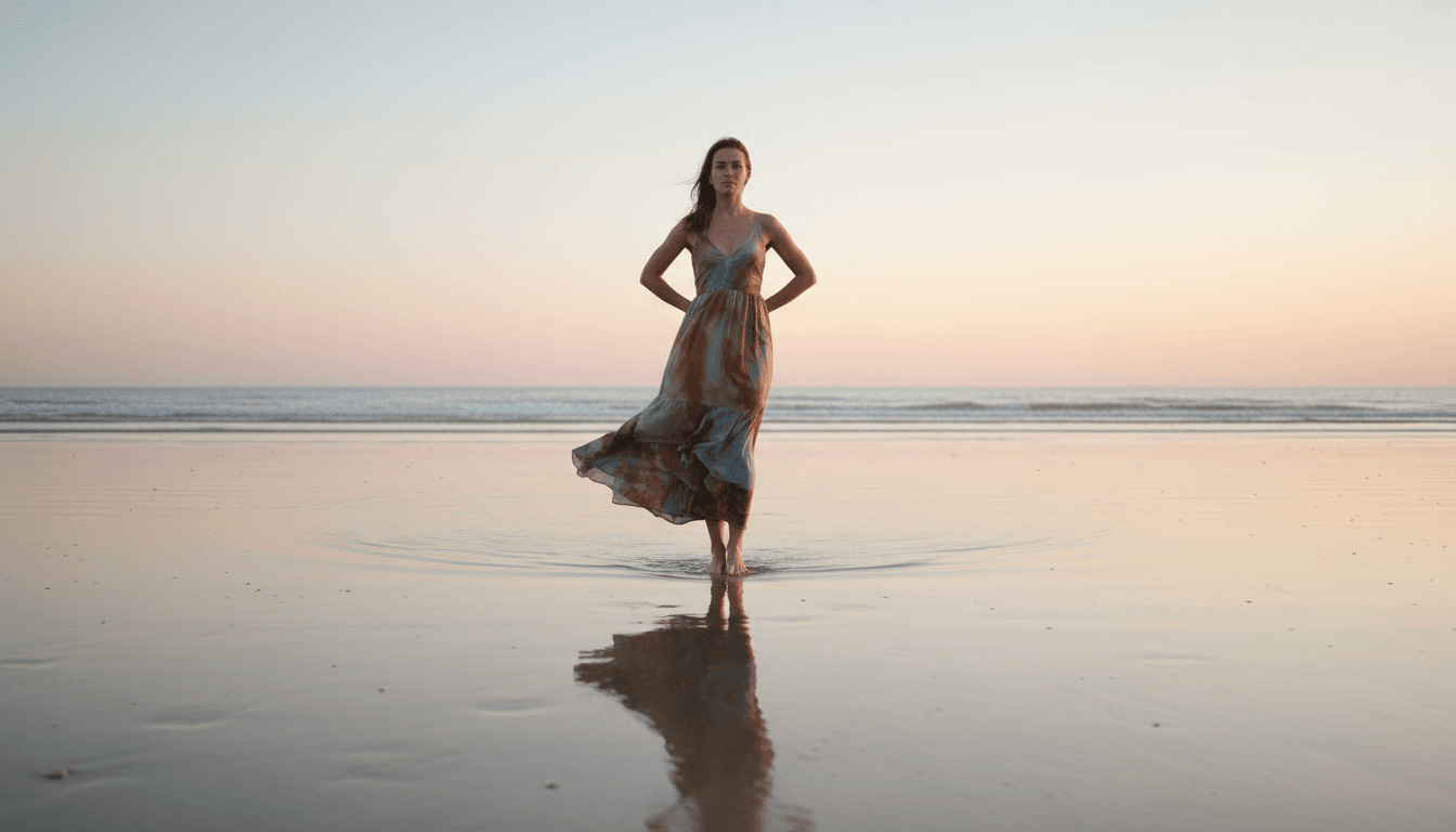 Mulher em pé na praia ao amanhecer, descalça na água rasa, vestido leve ao vento e postura firme, com reflexo no mar calmo e céu em tons suaves de rosa e azul.