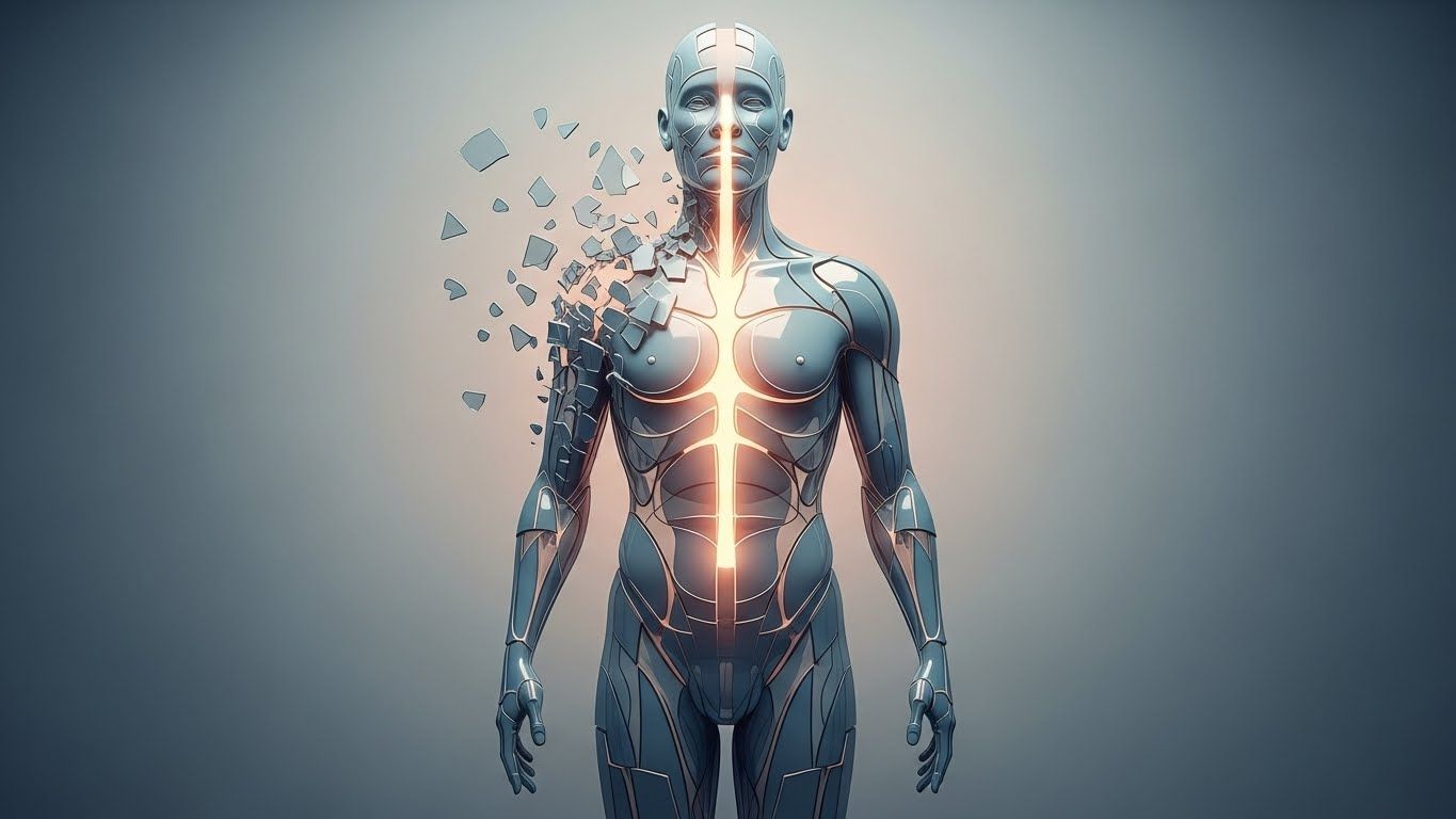 Figura humana metálica com parte do corpo se desfazendo em fragmentos de luz, representando a quebra de padrões antigos e a reconstrução da identidade após desgaste emocional profundo.