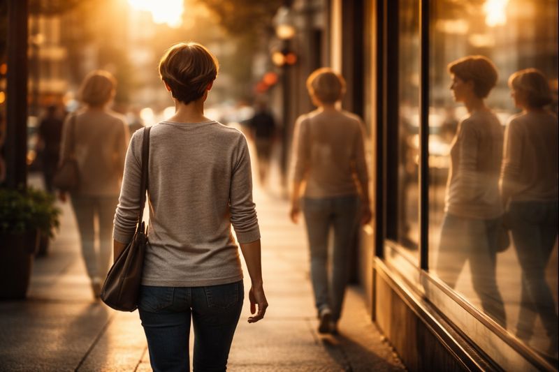 Mulher caminhando em meio a reflexos de si mesma nas vitrines, simbolizando confusão de identidade, autonegação e a busca por aprovação externa.