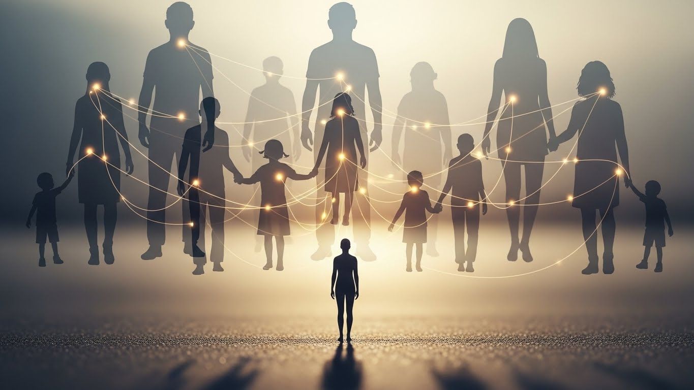 Silhuetas de diferentes gerações ligadas por fios de luz, simbolizando vínculos familiares invisíveis e conexões sistêmicas entre ancestrais e descendentes.