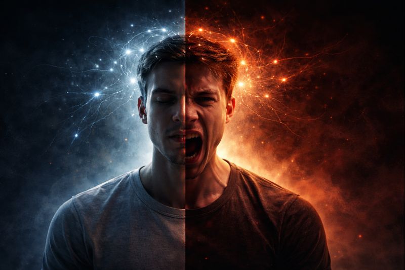 Homem com o rosto dividido entre calma e raiva, com conexões neurais em azul e vermelho, representando o conflito entre razão e impulso no comportamento humano. Homem com o rosto dividido entre calma e raiva, com conexões neurais em azul e vermelho, representando o conflito entre razão e impulso no comportamento humano.