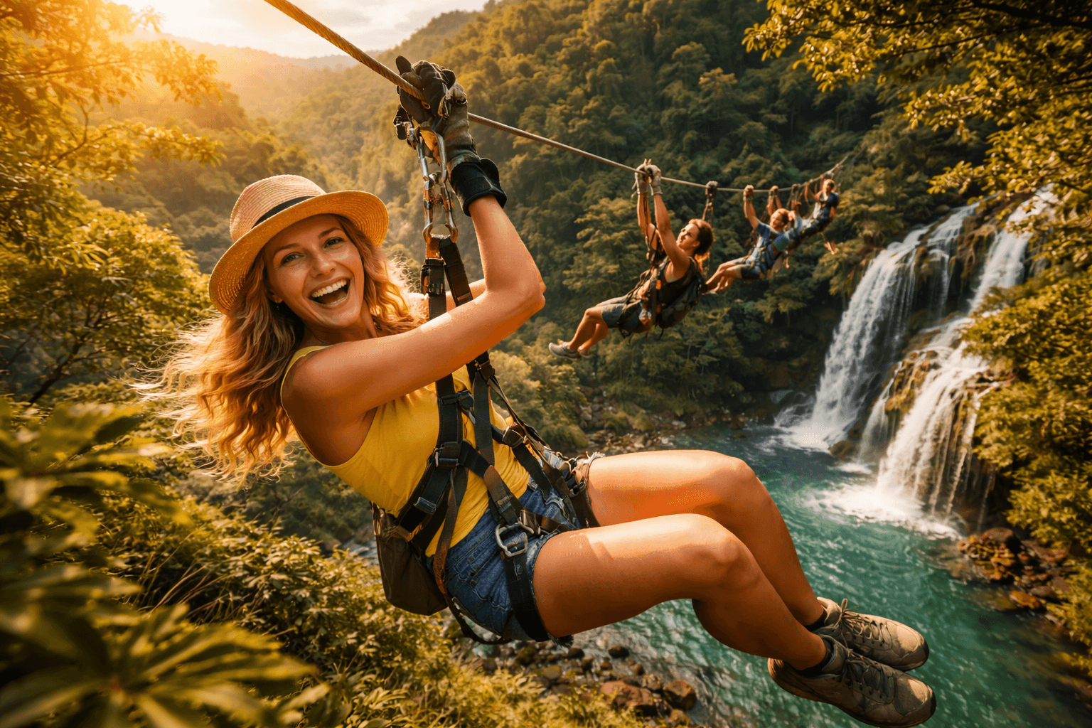 A smiling woman ziplining over a lush jungle waterfall, with other travelers following behind, surrounded by vibrant green rainforest and golden sunlight.