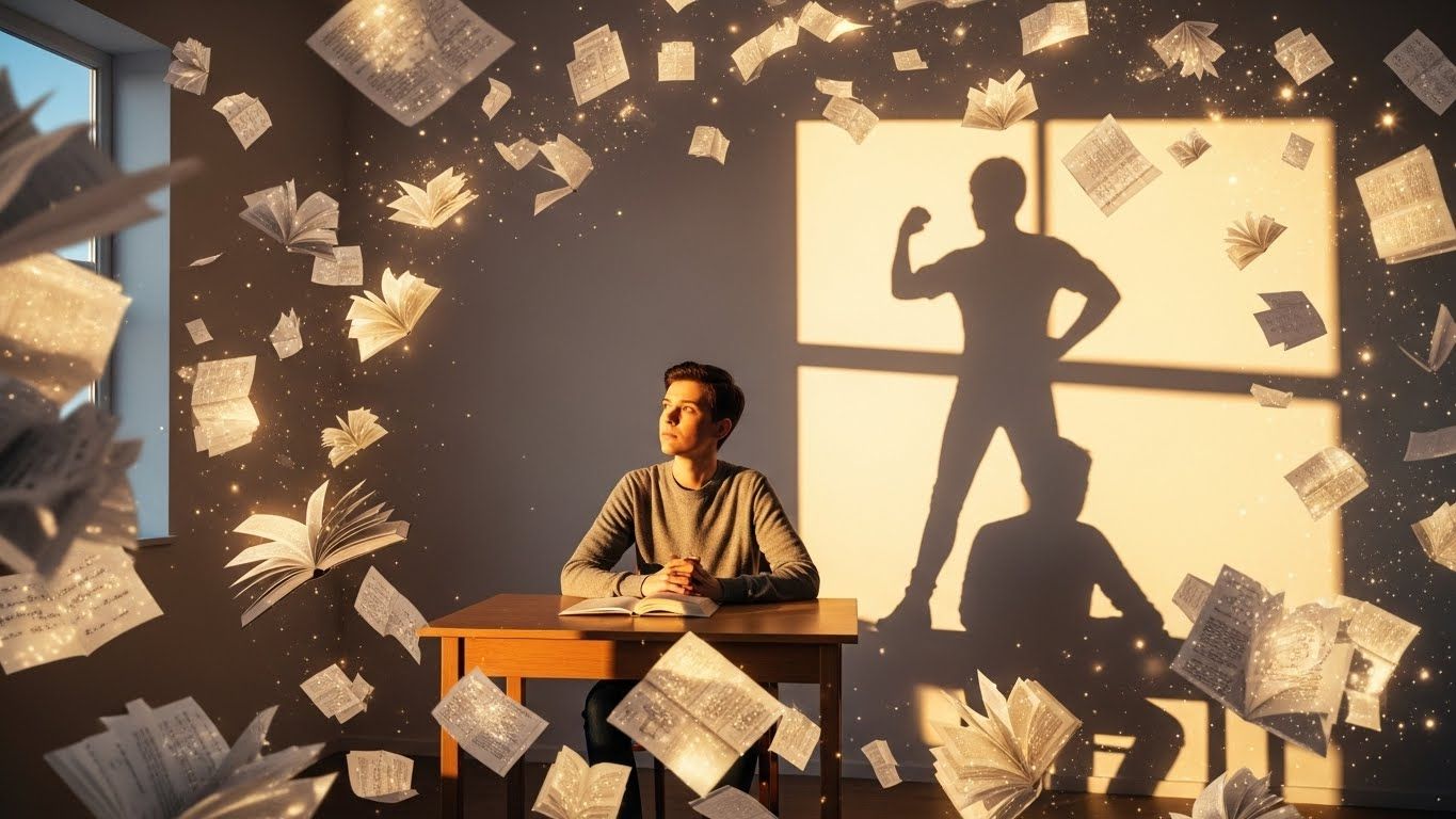 Pessoa sentada à mesa enquanto livros luminosos flutuam ao redor e a sombra na parede mostra uma pose forte e confiante, contrastando com sua imobilidade.