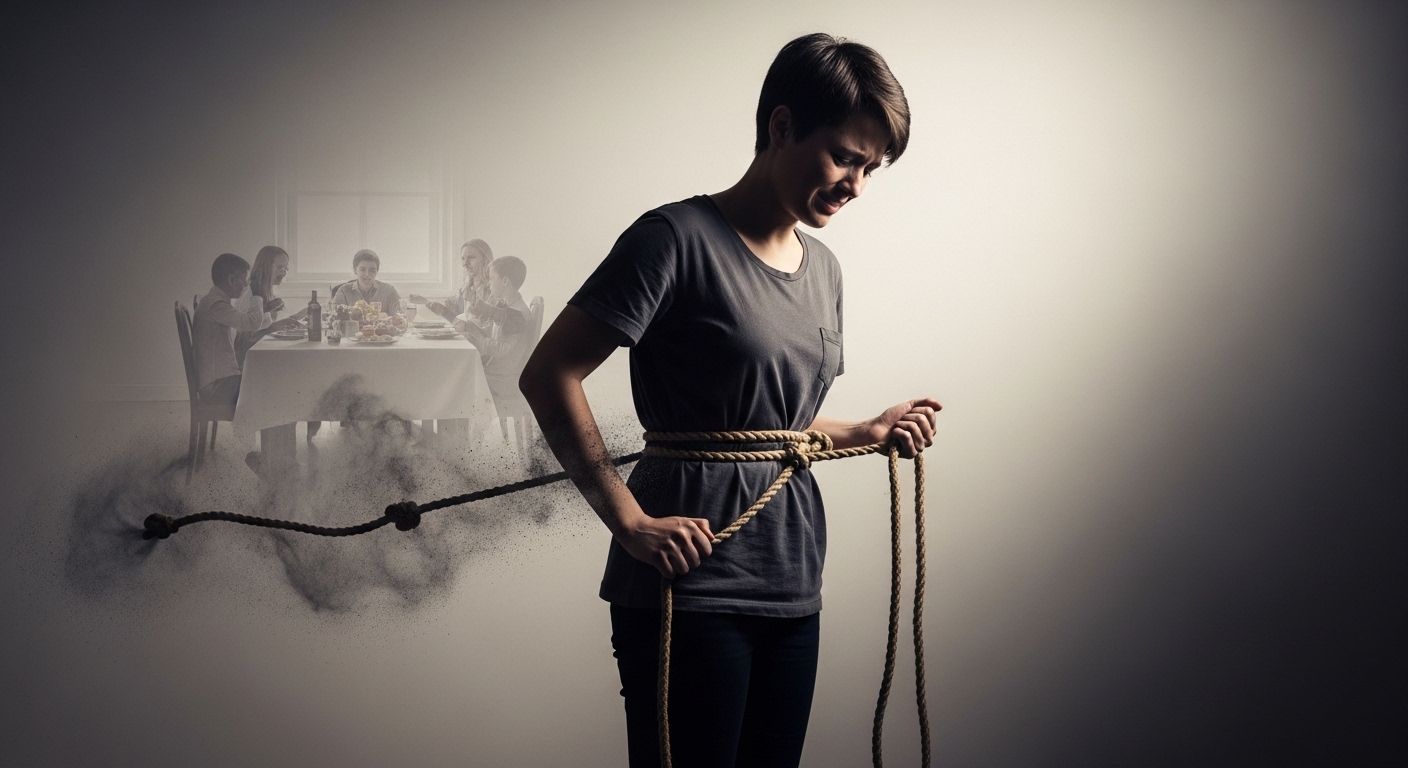 Mulher segurando uma corda amarrada à própria cintura, que se desfaz em partículas escuras, com cena desfocada de jantar em família ao fundo, representando ruptura de padrões familiares. Mulher segurando uma corda amarrada à própria cintura, que se desfaz em partículas escuras, com cena desfocada de jantar em família ao fundo, representando ruptura de padrões familiares.