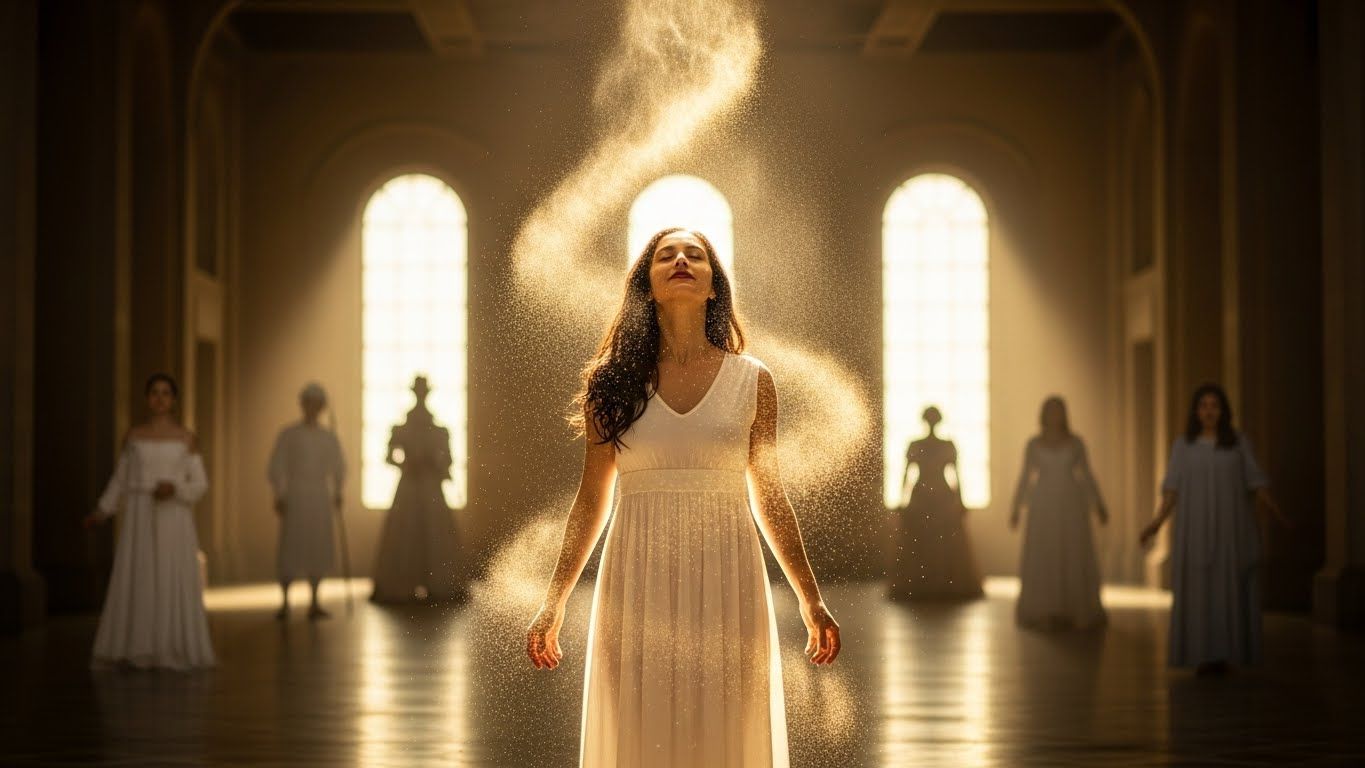 Mulher de vestido claro em um salão iluminado, com poeira dourada subindo do corpo enquanto outras mulheres aparecem ao fundo, sugerindo liberação ancestral.