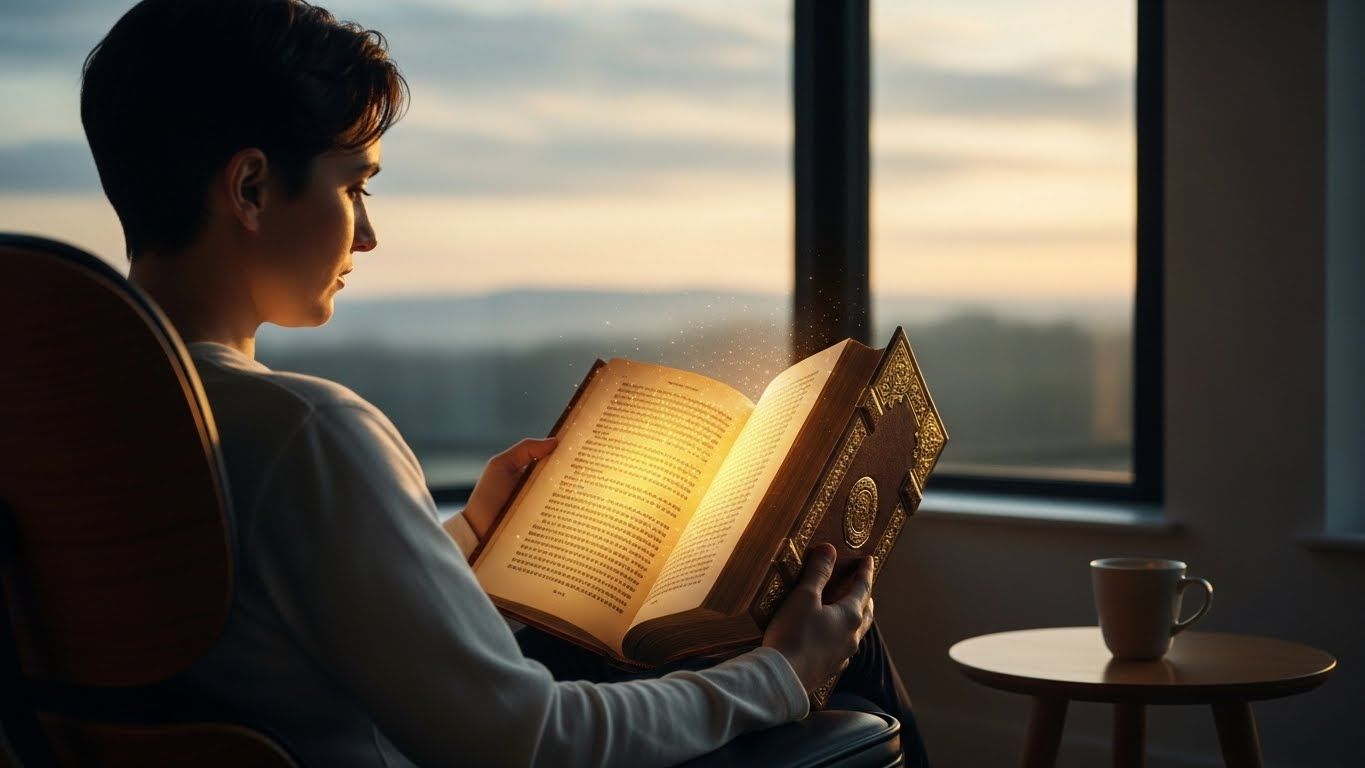 Pessoa sentada próxima a uma janela lendo um livro antigo com capa trabalhada, iluminado pela luz do amanhecer, criando uma atmosfera de calma, reflexão e conexão com a sabedoria.