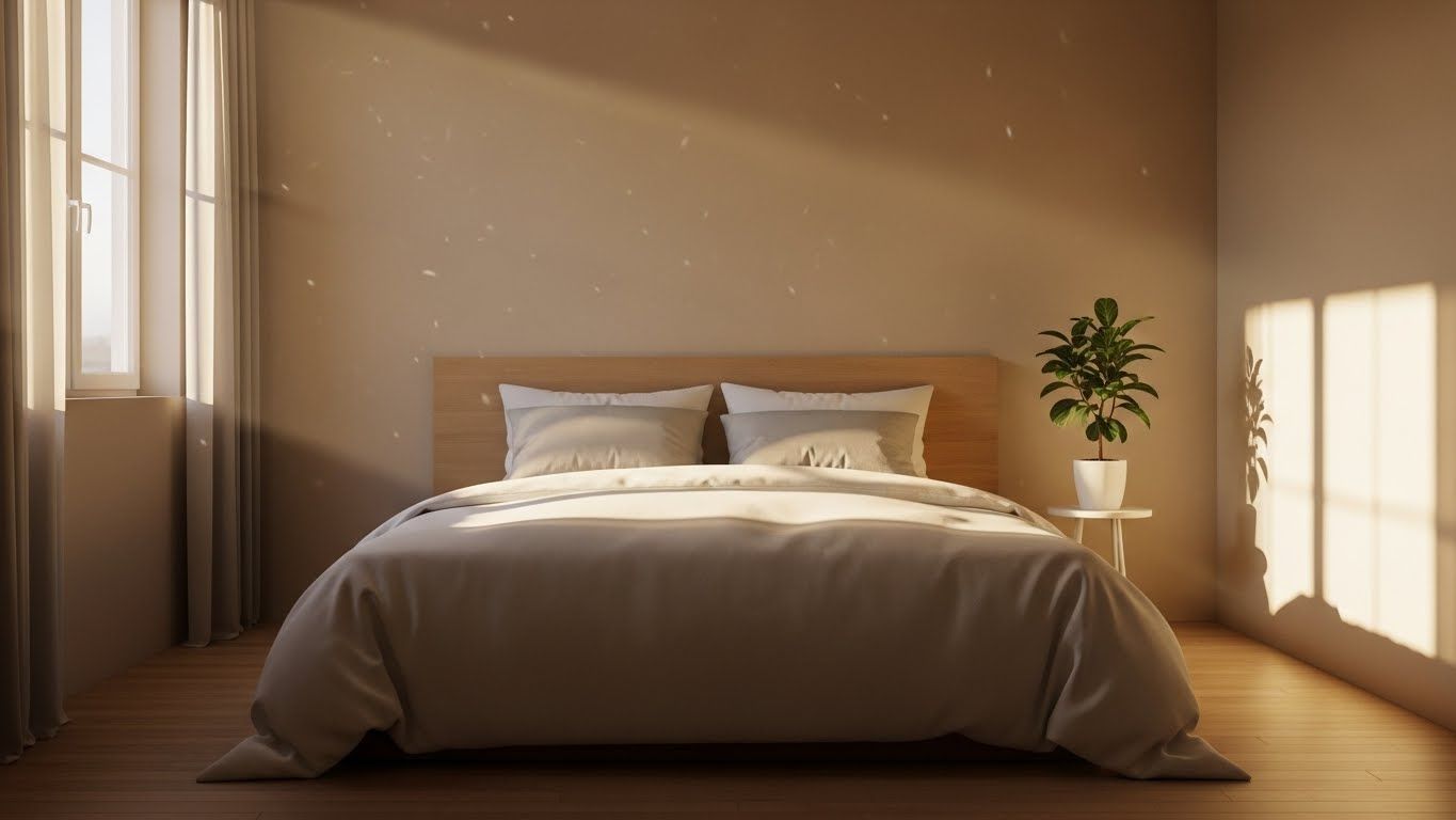 Quarto minimalista iluminado pela luz da manhã, cama arrumada com lençóis claros, ambiente calmo, organizado e acolhedor, transmitindo sensação de ordem e tranquilidade.