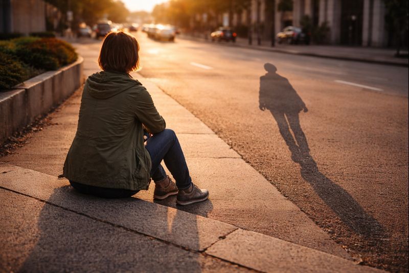 Mulher sentada na calçada observando a própria sombra, refletindo pausa forçada, exaustão emocional e o momento de reavaliar escolhas e direção de vida.
