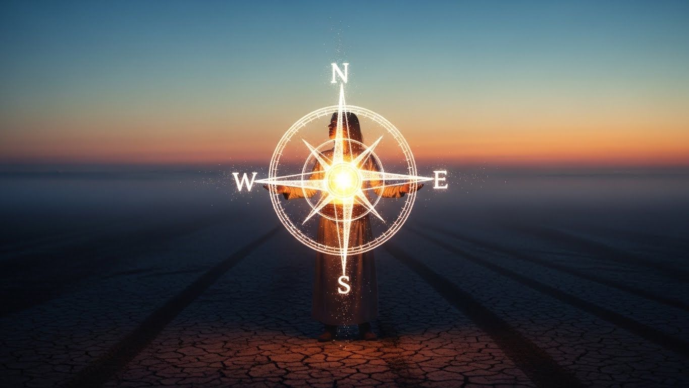 Pessoa segurando uma bússola luminosa no centro do peito, em meio a um cenário aberto, representando a raiva transformada em direção, clareza e movimento consciente.