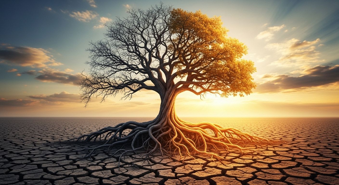 Árvore solitária em solo seco e rachado ao pôr do sol, com raízes expostas metade escuras e metade iluminadas, simbolizando transformação da escassez em prosperidade. Árvore solitária em solo seco e rachado ao pôr do sol, com raízes expostas metade escuras e metade iluminadas, simbolizando transformação da escassez em prosperidade.