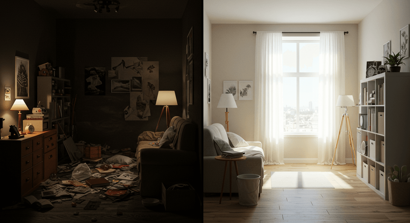 Comparação de dois ambientes: de um lado, sala escura e bagunçada; do outro, sala clara e organizada, simbolizando a diferença de energia e prosperidade.