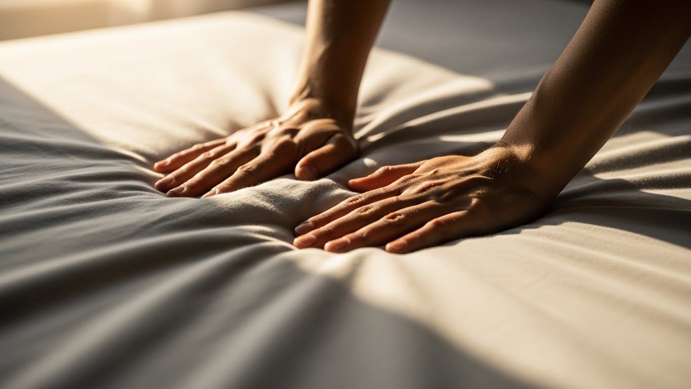 Mãos alisando lençóis claros sobre a cama, com luz suave do sol ao fundo, representando cuidado, intenção e o início consciente do dia.