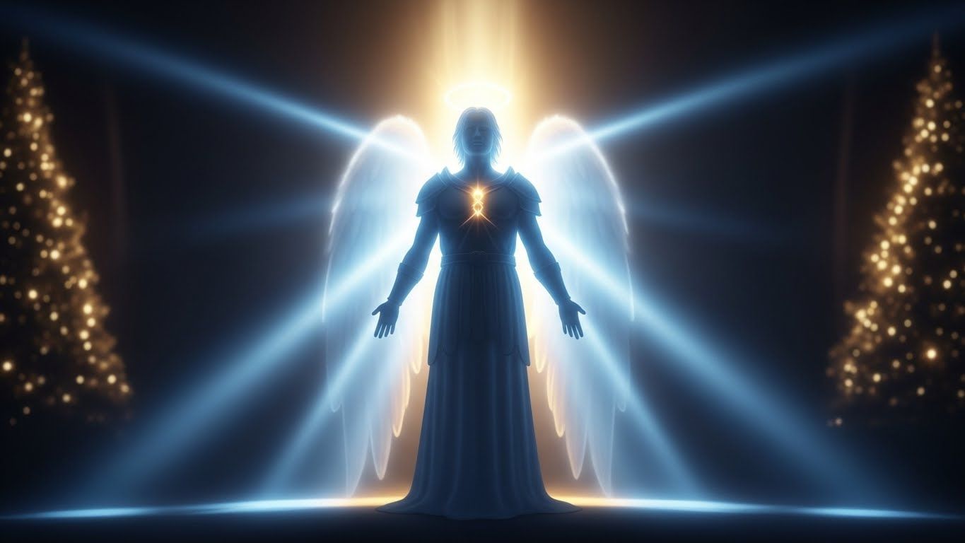Figura angelical luminosa inspirada no Arcanjo Miguel, com luz azul e dourada irradiando do coração, asas abertas e atmosfera serena associada ao Natal e proteção espiritual.