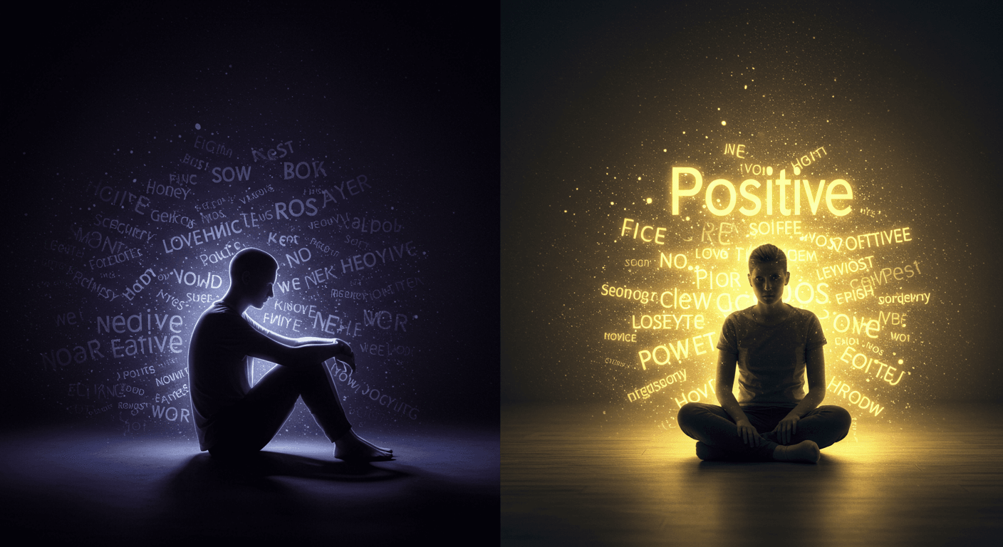Cena dividida: à esquerda, pessoa cercada por palavras negativas em sombra; à direita, mesma pessoa iluminada por palavras positivas, representando transformação.