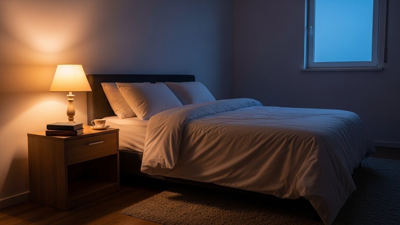 Quarto à noite com cama arrumada, luz quente de abajur aceso, ambiente silencioso e confortável, transmitindo sensação de conclusão, descanso e estabilidade emocional.