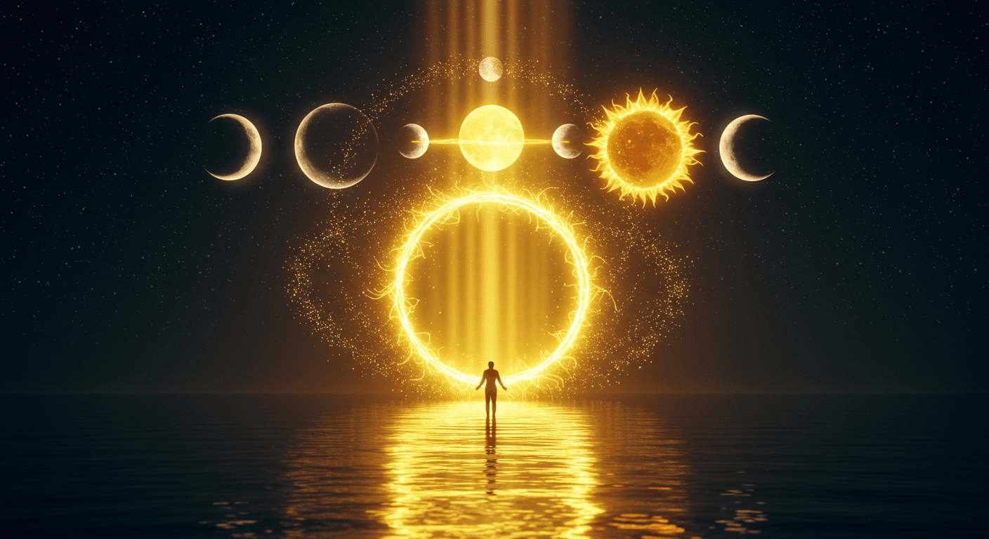 Figura humana diante de um alinhamento entre Sol, Lua e planetas, com círculos de luz dourada representando a abertura energética do Portal 10/10 e a harmonia entre os ciclos da vida.