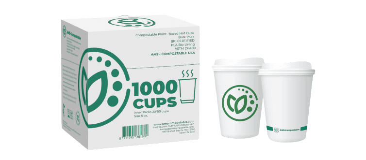 Compostable paper cups with custom private label designs for eco-friendly cafés, restaurants, and hotels – sustainable packaging by AMS Compostable
