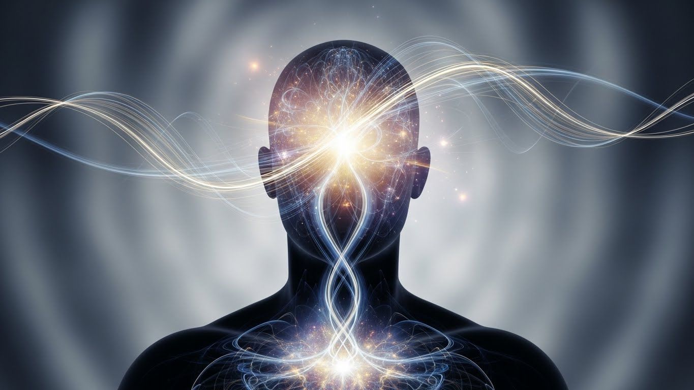 Silhueta humana com linhas de luz fluindo da cabeça ao coração, simbolizando pensamentos, emoções e energia em harmonia, representando alinhamento mental e consciência interior.
