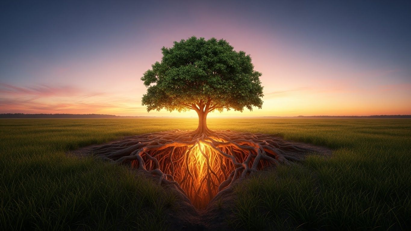 Árvore em campo aberto com raízes profundas iluminadas sob a terra, representando origem, pertencimento e sustentação emocional ao amanhecer.