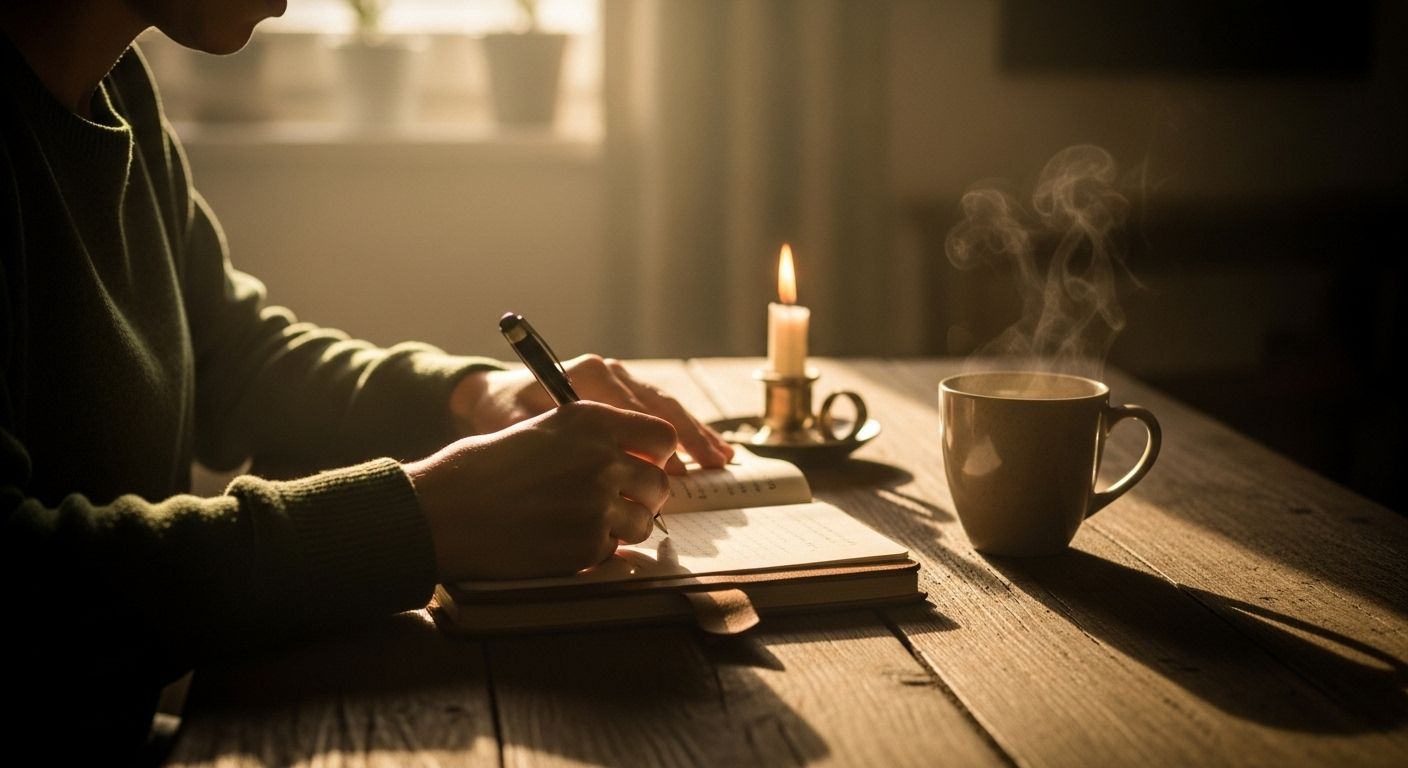 Pessoa escrevendo em um caderno sobre uma mesa de madeira, com vela acesa e xícara de chá ao lado, em ambiente acolhedor.