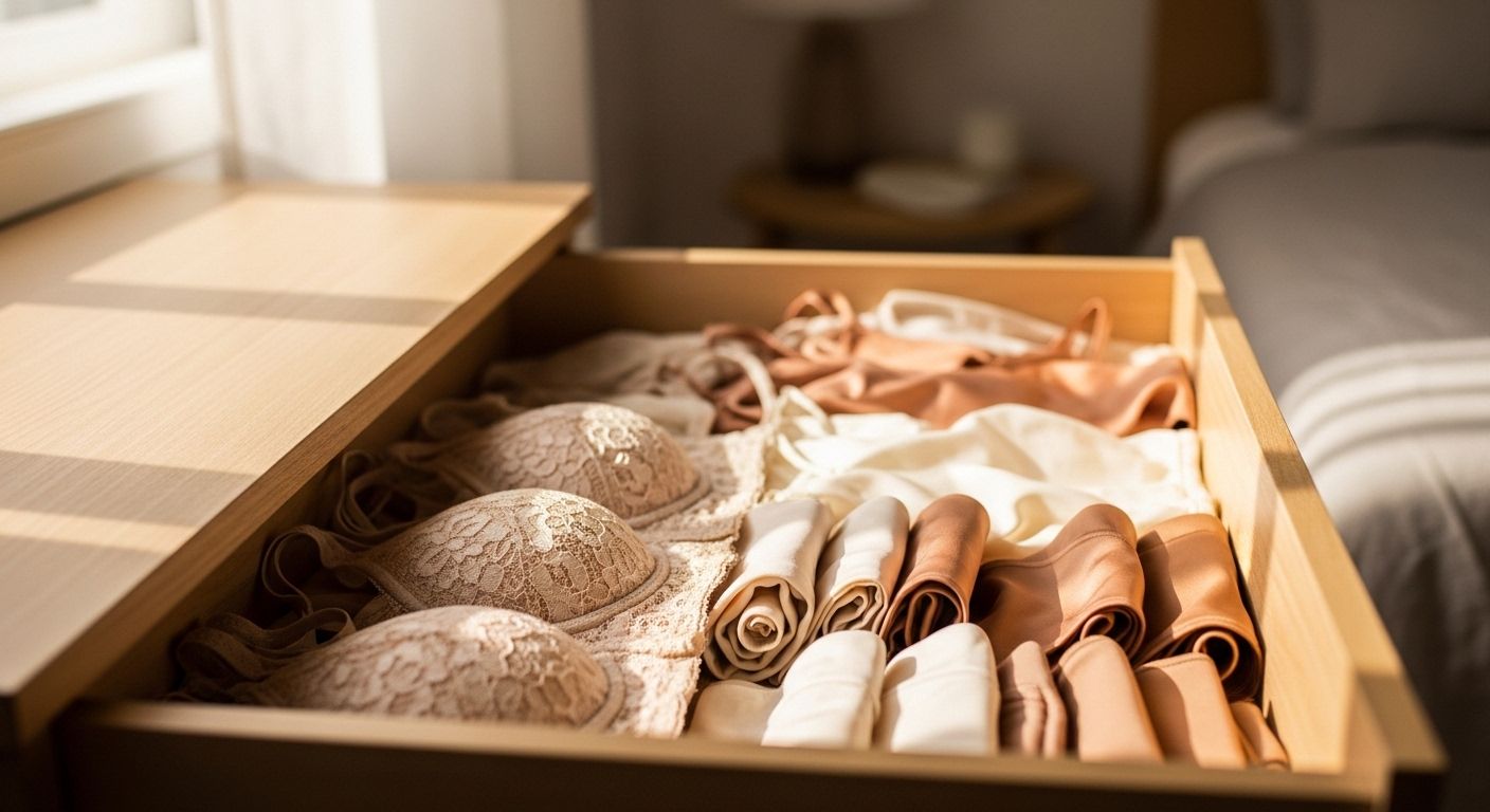Gaveta de madeira aberta com calcinhas e sutiãs organizados em tons neutros, iluminados pela luz natural da manhã, transmitindo ordem, cuidado e sensação de conforto.