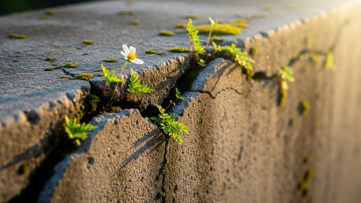 Planta crescendo entre rachaduras do concreto, simbolizando abertura de caminhos, adaptação, resiliência e mudanças que surgem mesmo quando tudo parece travado.