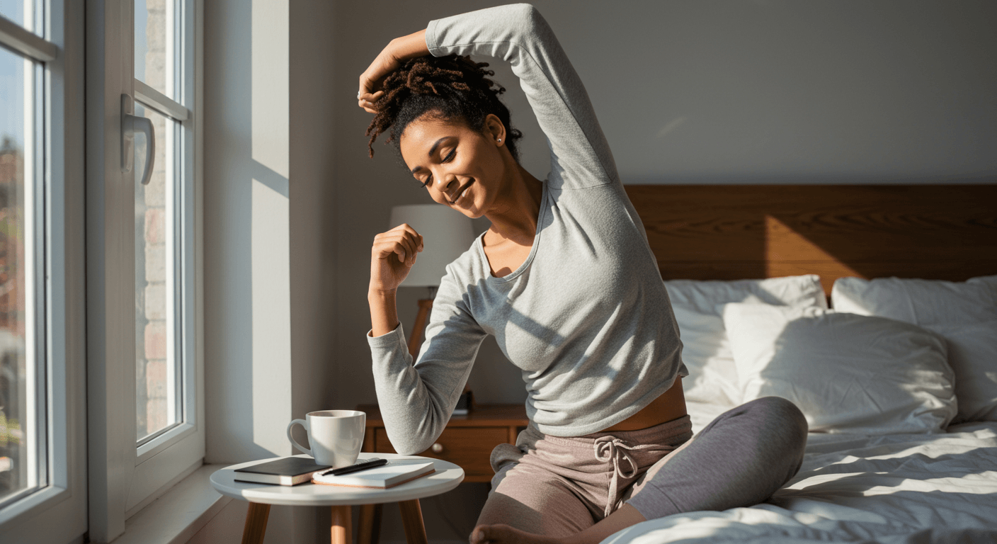 Mulher sorrindo enquanto se alonga de manhã na cama, com luz do sol entrando pela janela. Clima de recomeço e tranquilidade. Mulher sorrindo enquanto se alonga de manhã na cama, com luz do sol entrando pela janela. Clima de recomeço e tranquilidade.