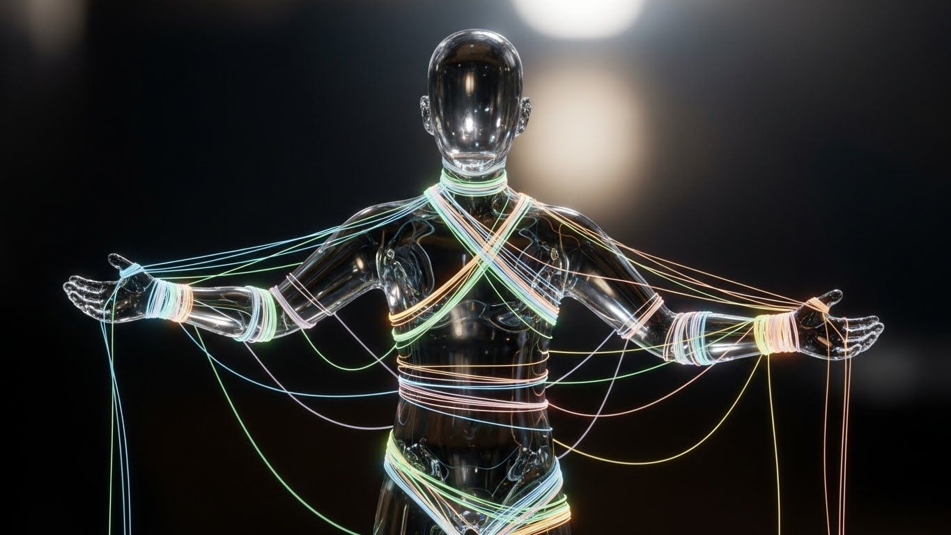 Figura humana translúcida envolvida por fios coloridos que prendem braços e tronco, simbolizando travas internas e autossabotagem.