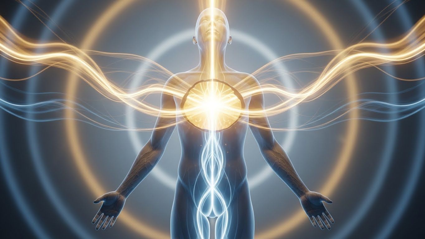 Silhueta humana com luz dourada no centro do peito e fluxos energéticos azuis e dourados atravessando o corpo, simbolizando alinhamento interior, cura e integração espiritual.