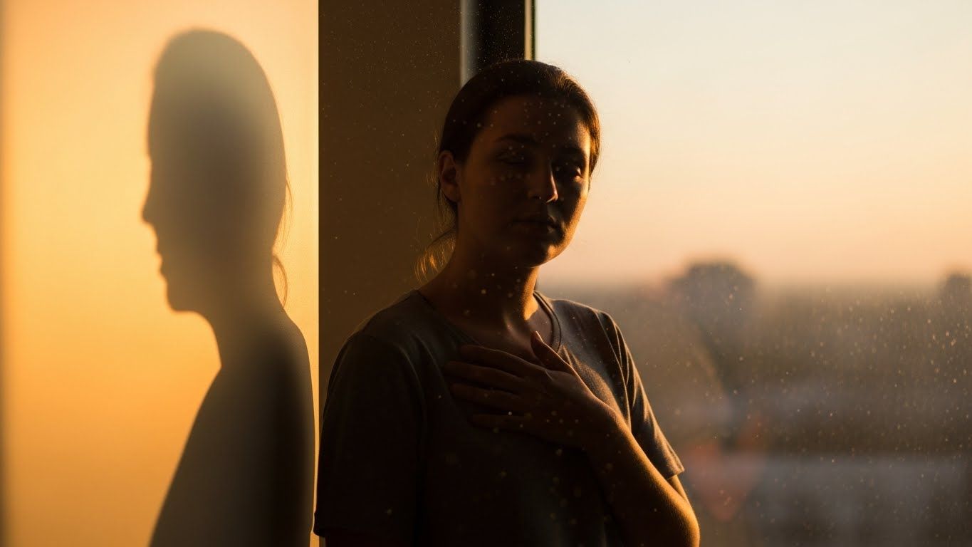 Mulher encostada na parede ao pôr do sol com a mão no peito, refletindo sobre perdão e cura emocional, enquanto sua sombra aparece iluminada na parede.