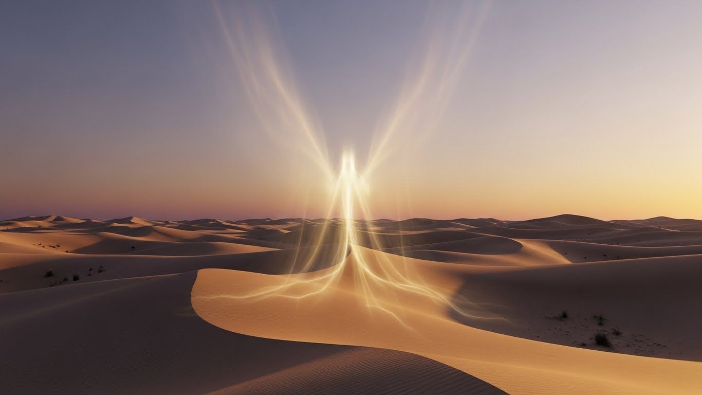 Figura luminosa formada por luz dourada surge sobre dunas no deserto ao amanhecer, simbolizando presença espiritual, reinício de ciclos e energia descendente em um cenário calmo e expansivo.