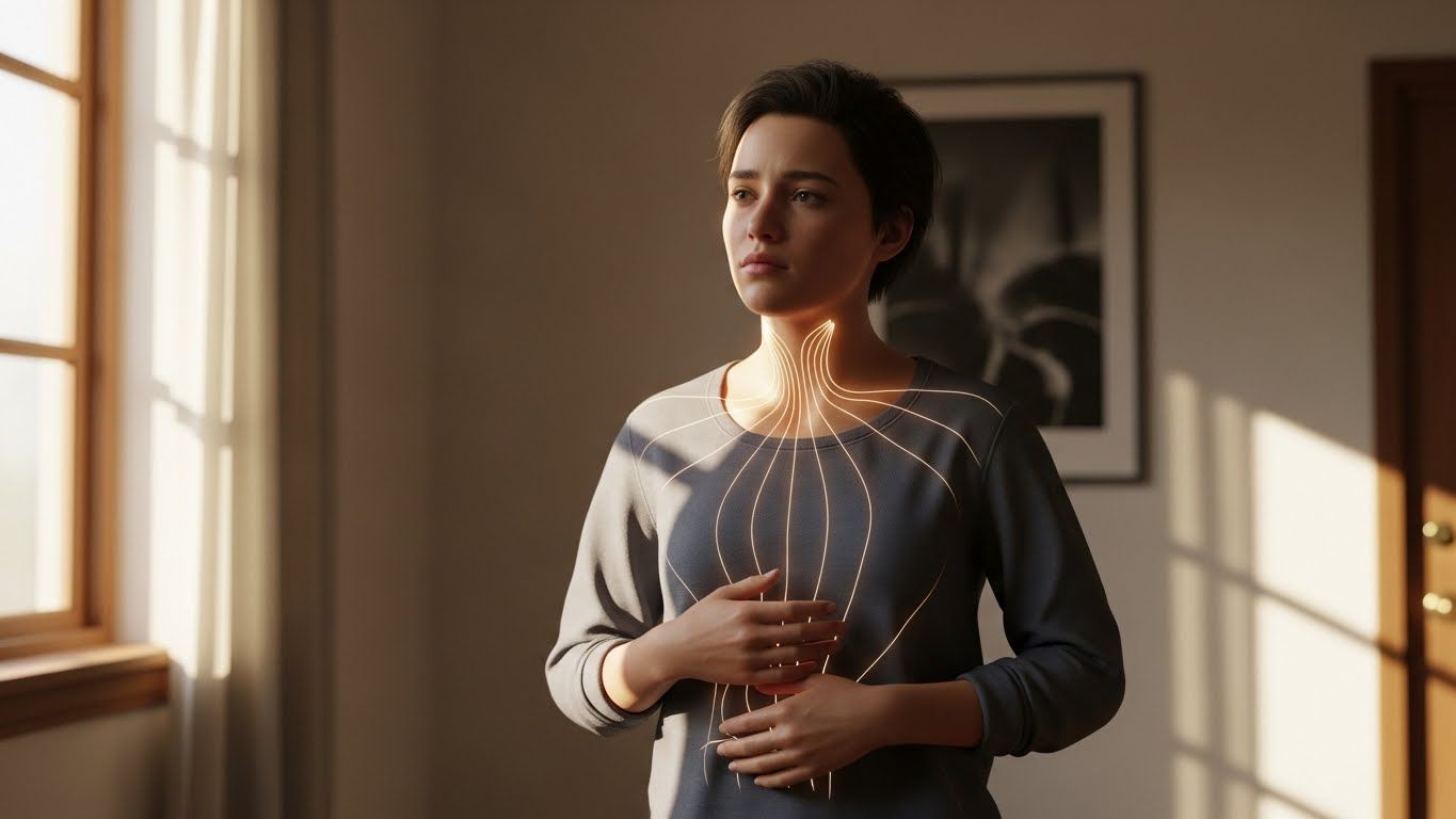 Mulher em pé em uma sala iluminada, com linhas luminosas destacando a região do peito e pescoço, sugerindo sinais emocionais aparecendo no corpo. Mulher em pé em uma sala iluminada, com linhas luminosas destacando a região do peito e pescoço, sugerindo sinais emocionais aparecendo no corpo.