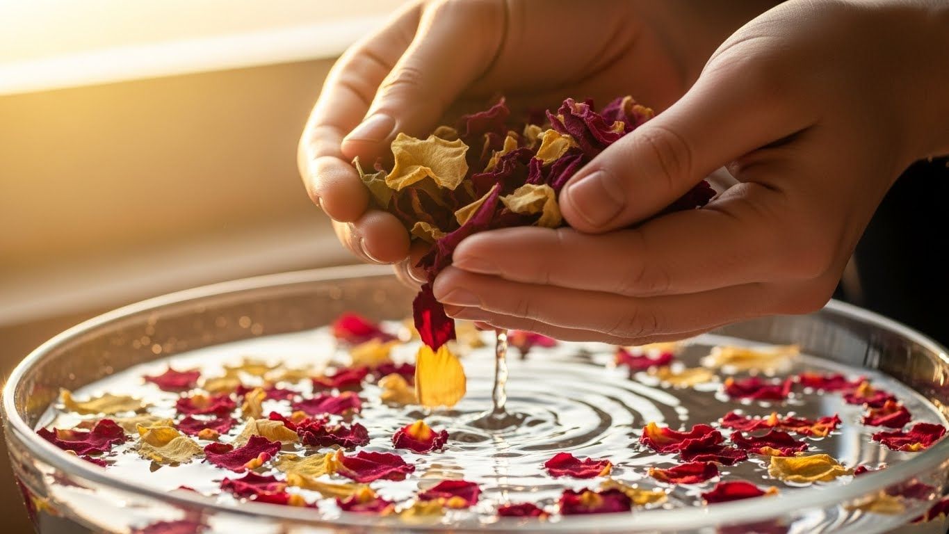 Mãos espalhando pétalas coloridas sobre a água em um ritual de purificação, representando libertação emocional e processos de perdão.