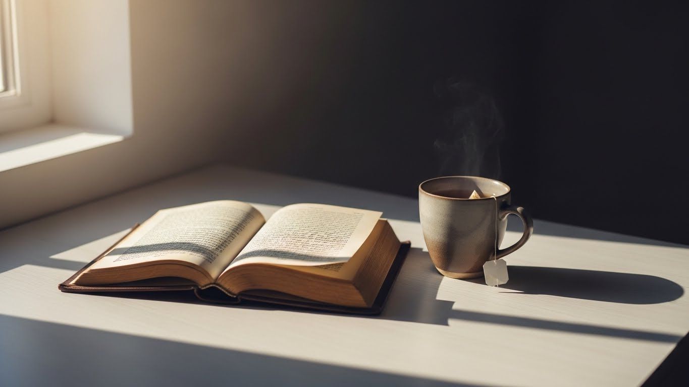Livro aberto sobre uma mesa clara ao lado de uma xícara de chá, com luz natural entrando pela janela, transmitindo sensação de rotina consciente, estudo e introspecção diária.