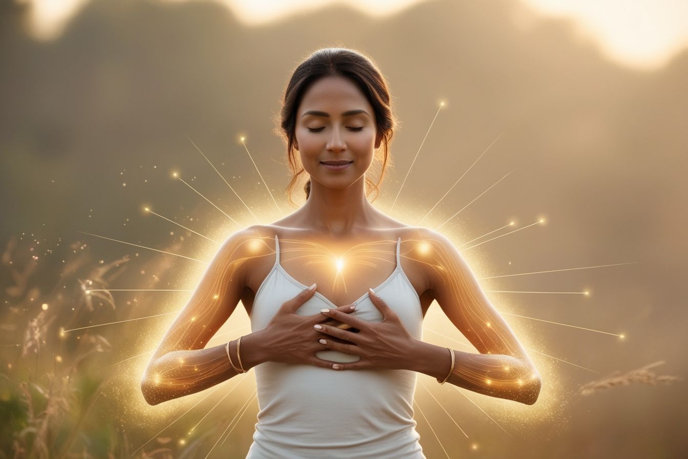 Mulher serena com as mãos sobre o peito, irradiando luz dourada pelos braços, simbolizando escuta do corpo, cura interior e conexão emocional. Mulher serena com as mãos sobre o peito, irradiando luz dourada pelos braços, simbolizando escuta do corpo, cura interior e conexão emocional.