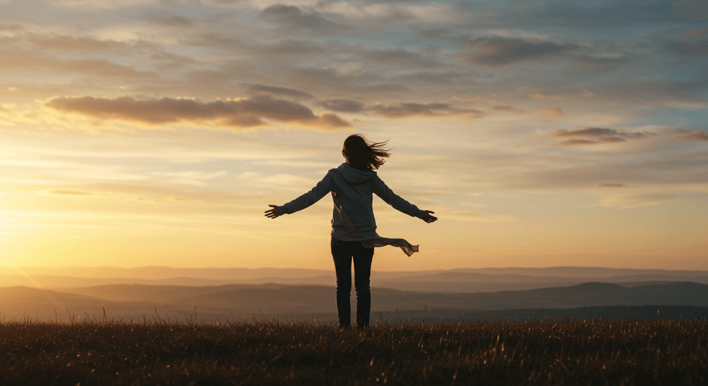 Pessoa de braços abertos no topo de um campo ao nascer do sol, sentindo liberdade e conexão com o momento presente. Pessoa de braços abertos no topo de um campo ao nascer do sol, sentindo liberdade e conexão com o momento presente.