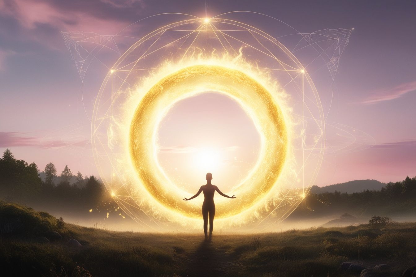 Silhueta diante de um portal dourado de luz com geometria sagrada ao amanhecer, simbolizando despertar espiritual e expansão da consciência.