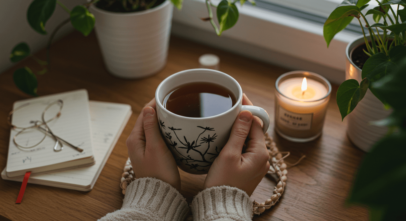Mãos segurando uma caneca de chá, ao lado de um caderno, óculos, plantas e uma vela acesa em ambiente aconchegante.