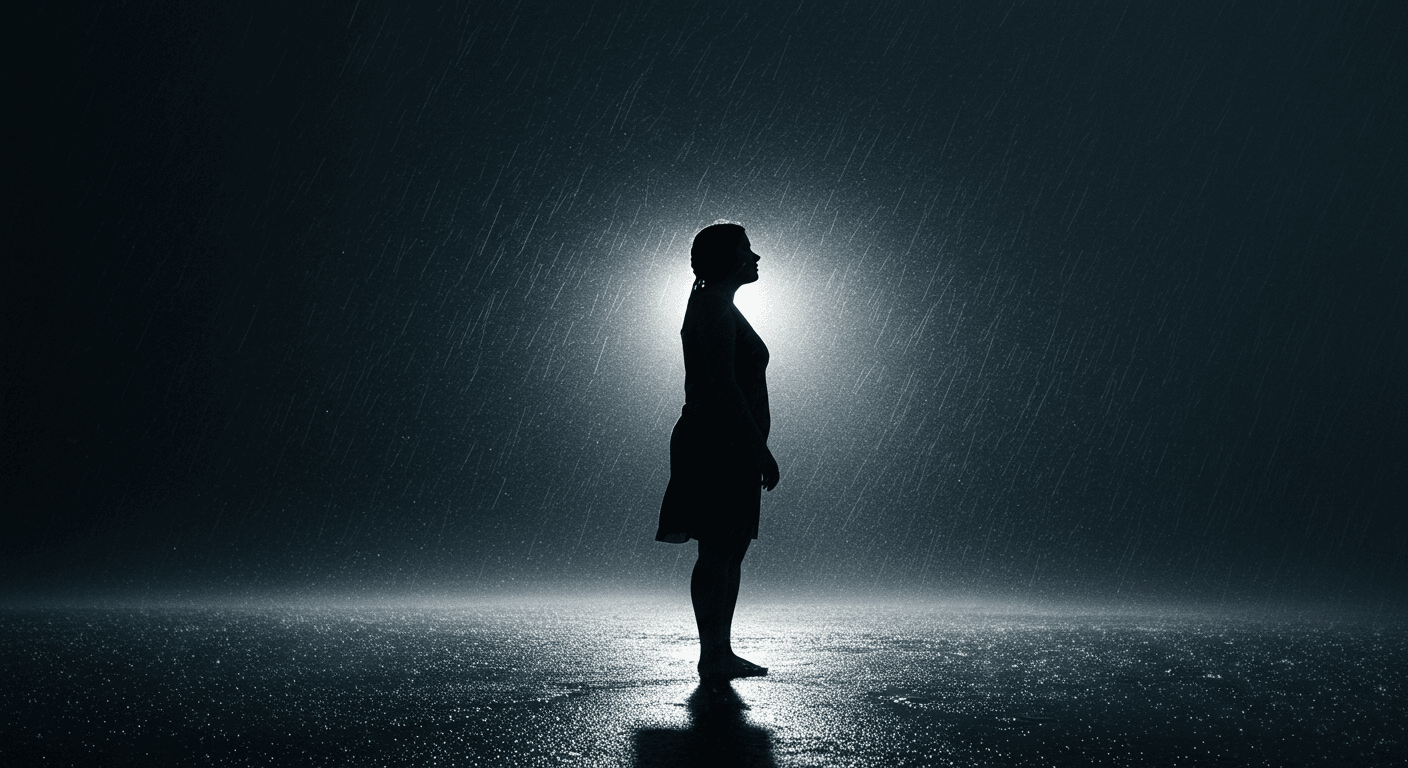 Silhueta de pessoa em pé na chuva à noite, iluminada por trás, simbolizando força interior e vulnerabilidade consciente.